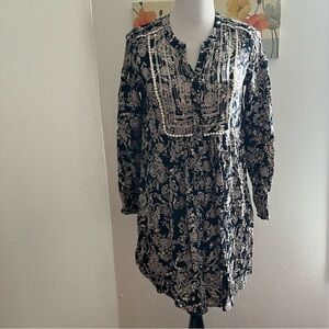 Skies Are Blue Anthro Navy/beige Long Sleeve Tunic Button Down Boho Top Sz S.